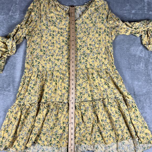 Max Studio‎ Smocked Mini Dress Yellow Floral Fields Size Large Farm Cottage - Picture 3 of 4